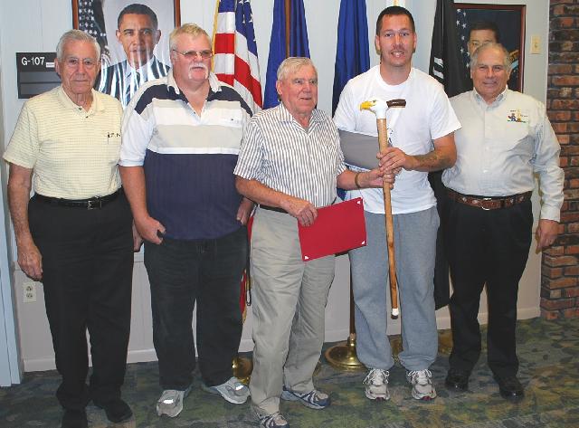 Army Sgt George H Eck. Cane carved by Eric Sund of HVWC. Left to Right: Joe Palmeri, Bill Malkus, Eric Sund, Sgt George H Eck, Pat Paraggio. Presented at Castle Point VA Health Facility.