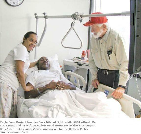 Eagle Cane Project founder Jack Nitz visits SSGT Alfredo De Los Santos and his wife at Walter Reed Army Hospital in Washington, D.C.