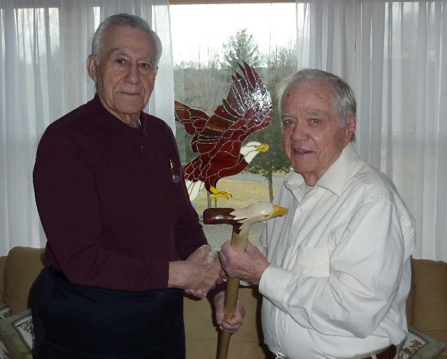 Navy, Radioman 3rd Class, Robert D. Fischetti, (right). Cane carved by Ralph Herrmann of HVWC. Presented by Joe Palmeri of HVWC.
